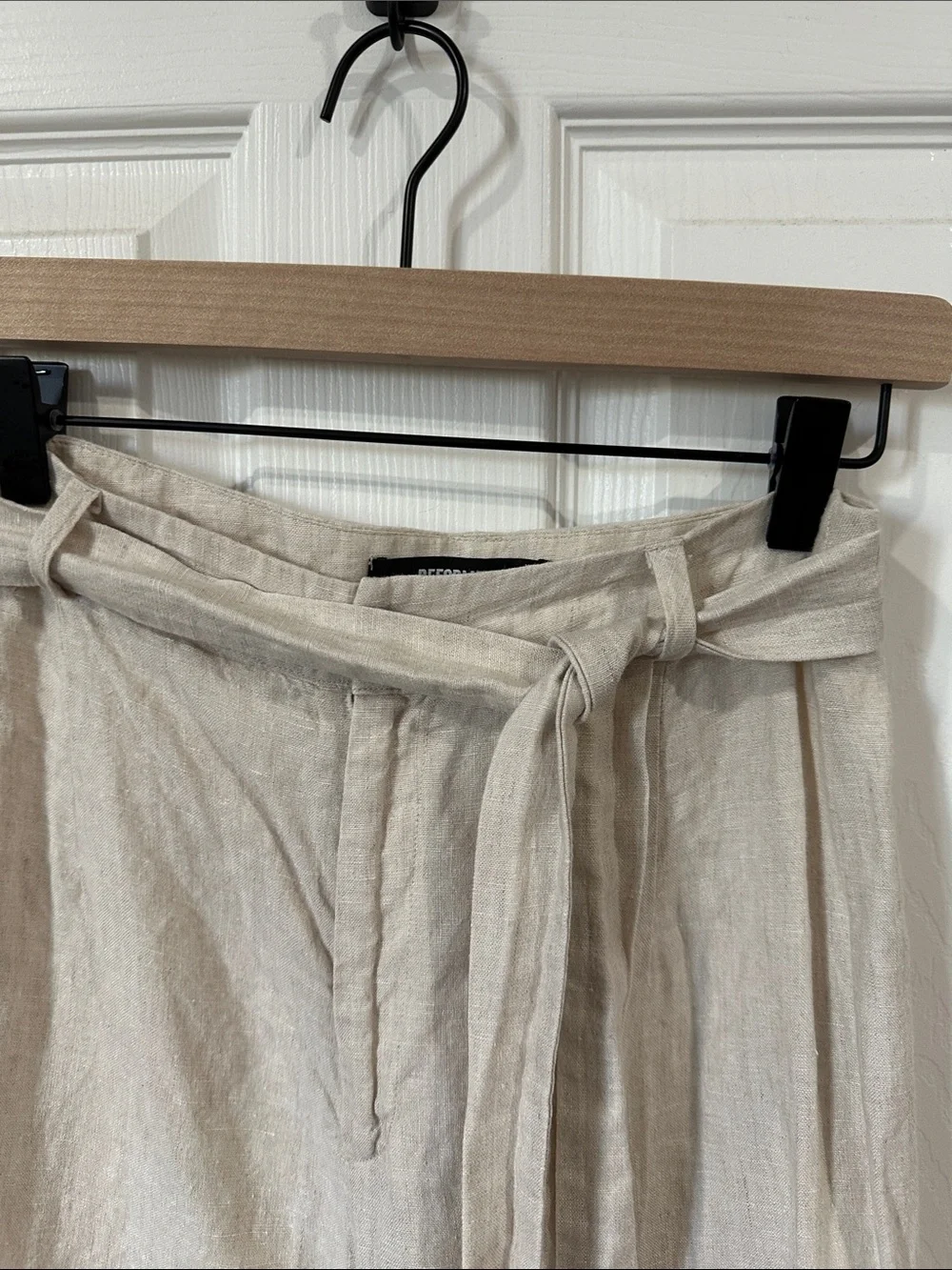 Reformation Neutral Wide-Leg Linen-Blend Pants with Self Tie